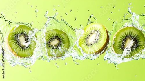 Fresh kiwi slices splashing in water, green background