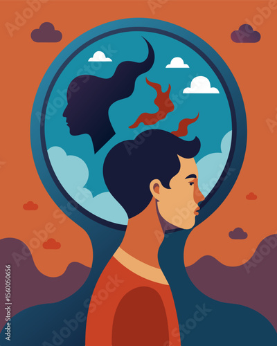 A persons mind held captive in a mirror constantly reflecting their own fears and doubts.. Vector illustration