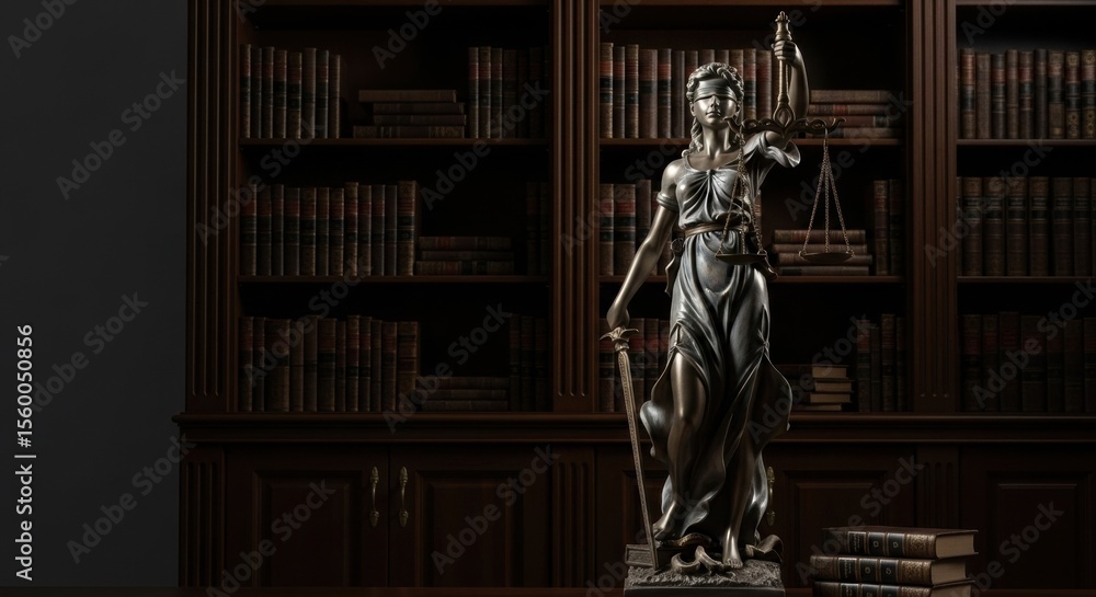 Fototapeta premium Justice in the law library. A full-body bronze statue of Themis is on a table with law books, with shelves of antique books blurred in the background.