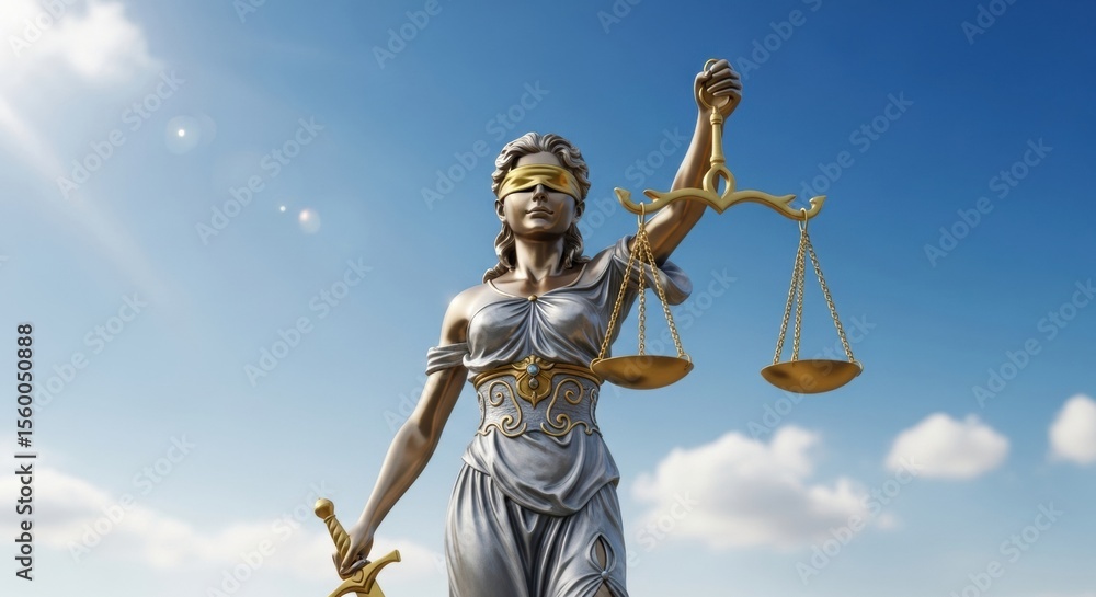 Fototapeta premium Justice under a blue sky. A low-angle shot of a silver and gold statue of Lady Justice with her scales and sword, against a beautiful sky with clouds.