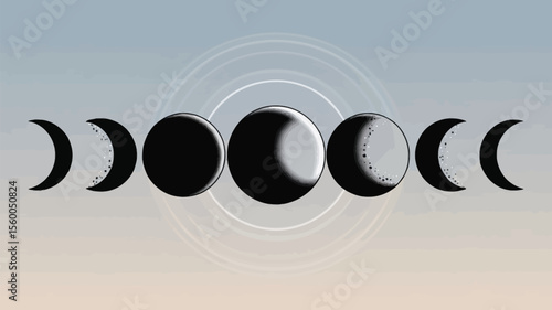 moon phases in black silhouettes: new moon, crescent, half moon, gibbous, and full moon — all arranged on a white background in a clean linear progression, perfect for scientific, spiritual, and calen