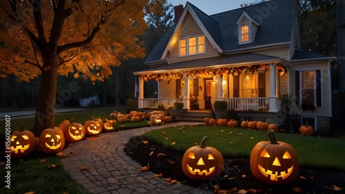 Realistic Halloween Porch Decor with Carved Pumpkins
