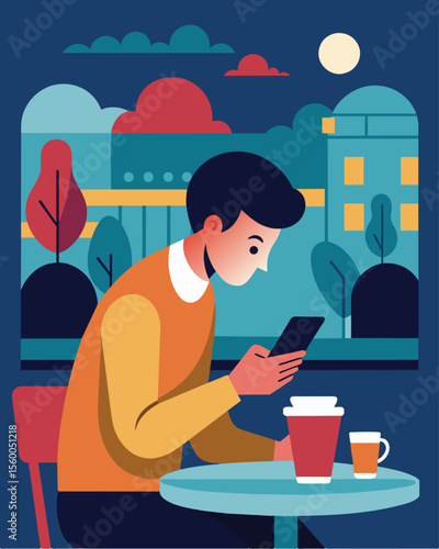 A person scrolling through their phone ignoring the bustling café around them.. Vector illustration