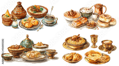 Moroccan dishes and drinks including couscous, pastries, tea sets, and ceramic plates, ideal for cultural cuisine and Middle Eastern culinary themes.

