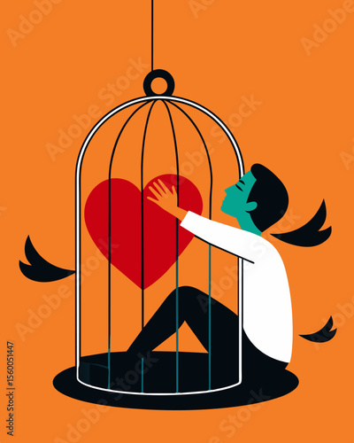 A photograph of a person holding onto a cage their hand grasping at the heart inside as they struggle to free themselves from emotional confinement.. Vector illustration