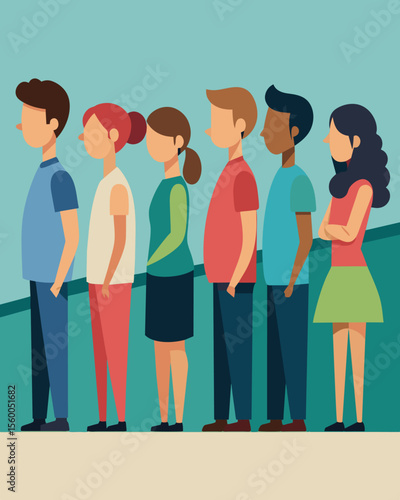 A group of friends on opposite sides of an invisible divide unable to communicate despite their close proximity.. Vector illustration