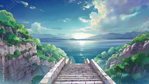 ゲーム背景　青空と長い石畳の海へと続く階段がある風景