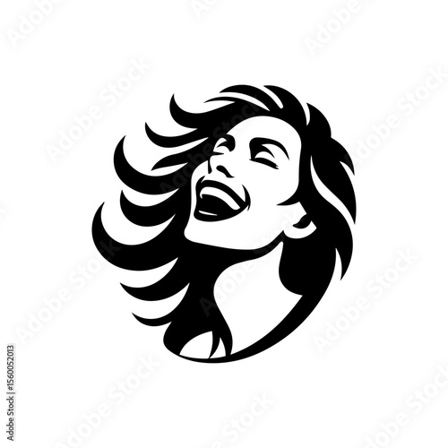 Silhouette of a joyful woman laughing with flowing hair, radiating happiness.