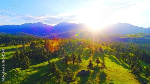 Sunrise aerial view of mountain meadow, forest, and peaks