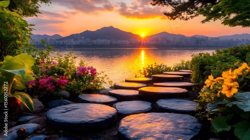 Sunset stone path garden lake city view