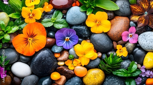 Vibrant pansies, stones, spa backdrop, wellness