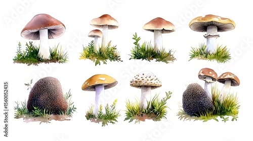 Watercolor mushroom collection, forest scene, isolated, design