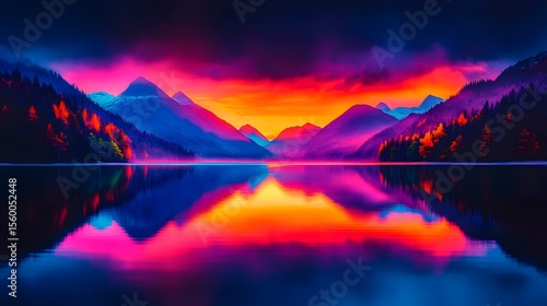 Vibrant sunset over mountain lake reflection