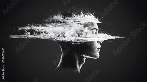 Woman's head, water splash, dark background, abstract art, concept