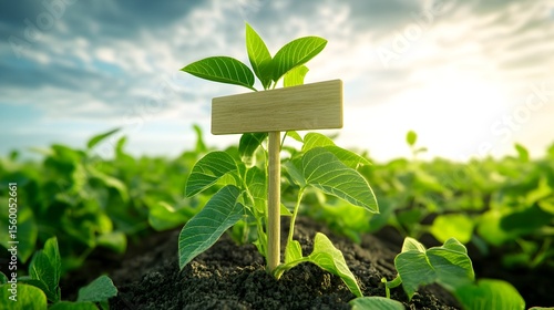 Young plant, blank sign, field, sunrise, growth