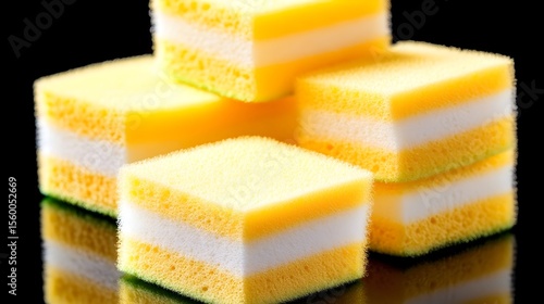 Yellow cleaning sponges stacked, black background, studio shot, cleaning supplies