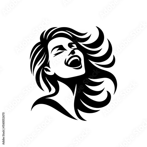 Joyful woman with flowing hair, laughing exuberantly, black and white stylized portrait.