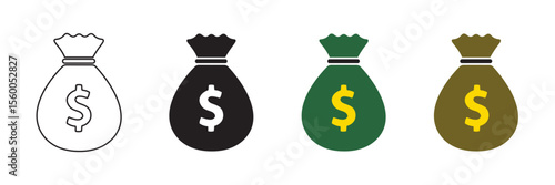 Money Bag with Dollar Sign icon vector illustration. Line, fill, and color version for web and graphic design use.