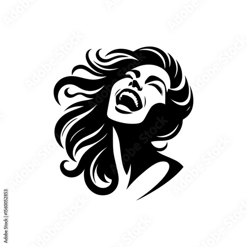 Silhouette of a woman laughing heartily, with flowing hair and open mouth.