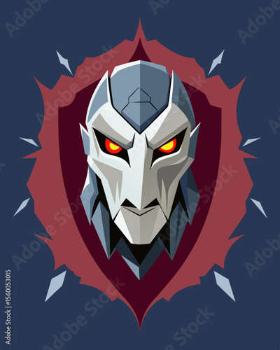 A mask of a noble knight but as it cracks open a malevolent and cruel face is unveiled betraying the facade of honor and chivalry.. Vector illustration
