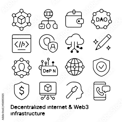 A set of simple, black-and-white digital illustrations of decentralized internet and Web3 infrastructure elements. Perfect for a modern, technical, and crypto-related design.