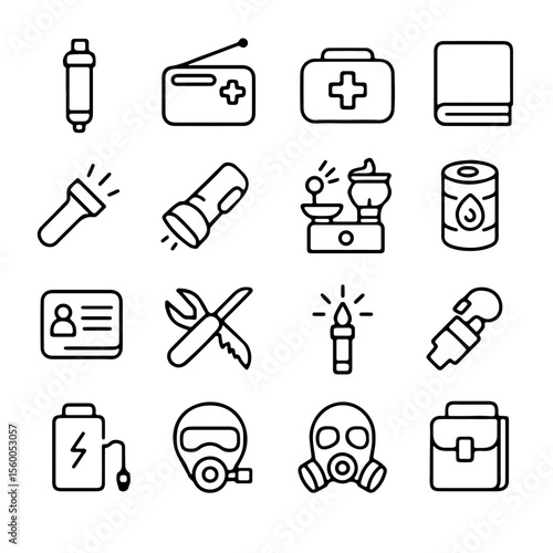 A collection of essential emergency survival kit icons are meticulously displayed, depicting a selection of life-saving tools and equipment in a clean, clear, minimalist design.
