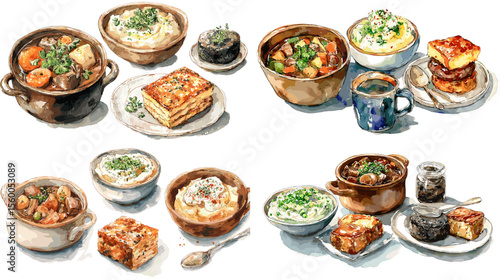 Traditional British comfort foods like mashed potatoes, stews, pies, and puddings, ideal for hearty cuisine, winter meals, and home-cooked food visuals.

