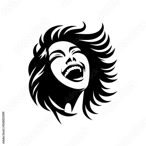 A stylized black and white illustration of a woman's head, joyfully laughing with windswept hair.