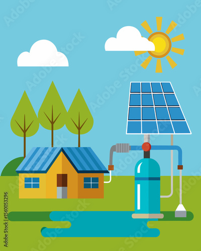 A selfsustaining water pumping system powered by solar panels bringing irrigation to a farm in a rural area.. Vector illustration