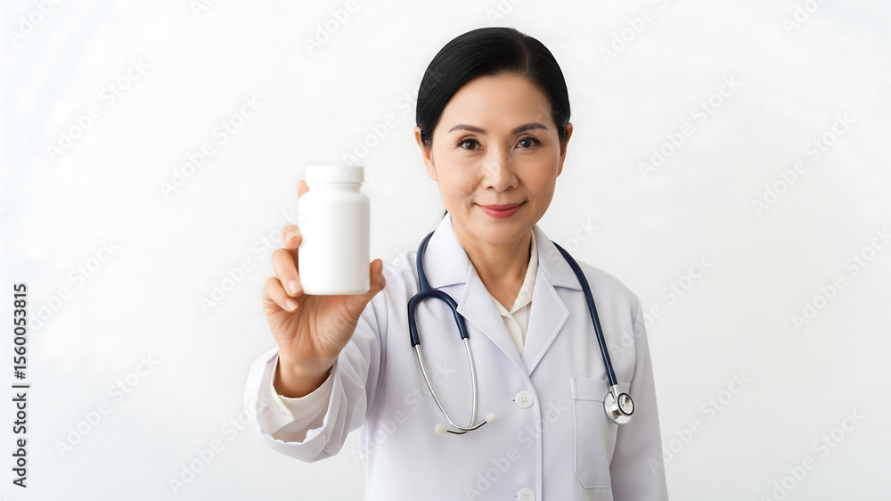 Asian female doctor holding plain medicine bottle in front of white background, ideal for medical product mockup Asian female doctor holding plain medicine bottle in front of white background, ideal for medical product mockup