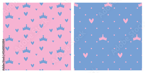 Seamless princess pattern with crowns, hearts, and dots. Pastel design in pink and blue. Cute and minimal for wrapping paper, fashion textile, girl clothes, kids decor, party supplies.