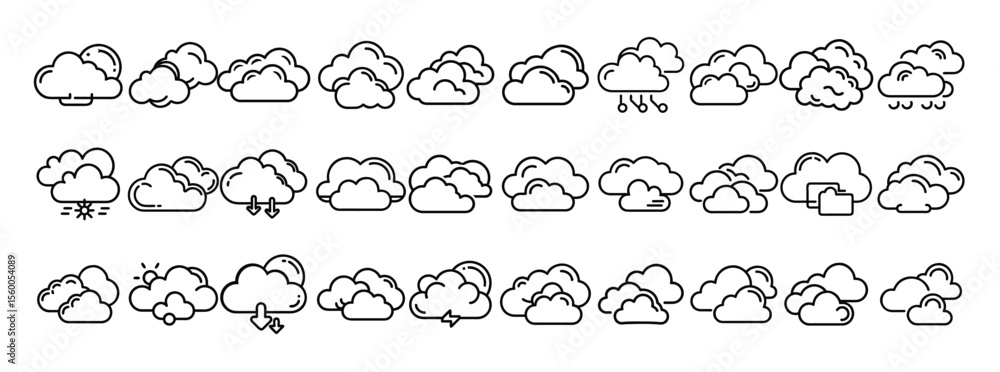 Cloud and Weather Icon Set. Containing storm, rain, snow, cloudy, drizzle, thunder, wind, and forecast icons. Solid icon collection. Cloud and Weather Icon Set. Containing storm, rain, snow, cloudy, drizzle, thunder, wind, and forecast icons. Solid icon collection.