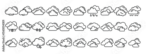 Cloud and Weather Icon Set. Containing storm, rain, snow, cloudy, drizzle, thunder, wind, and forecast icons. Solid icon collection.