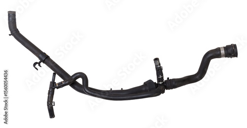 Black plastic hose of the car engine cooling system on a white isolated background in a photo studio for replacement during repair or for a catalog of spare parts for sale on auto disassembly.