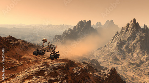 A Mars rover navigating a rugged rocky terrain