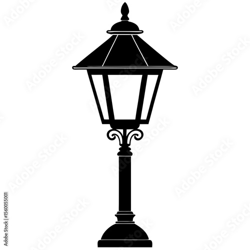 Classic ornate street lamp with a hexagonal roof and decorative scrollwork on a white background silhouette