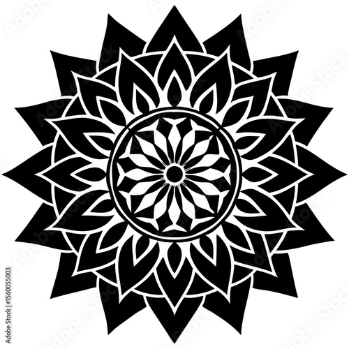 Intricate black and white mandala design with repeating geometric patterns and floral elements in a striking silhouette