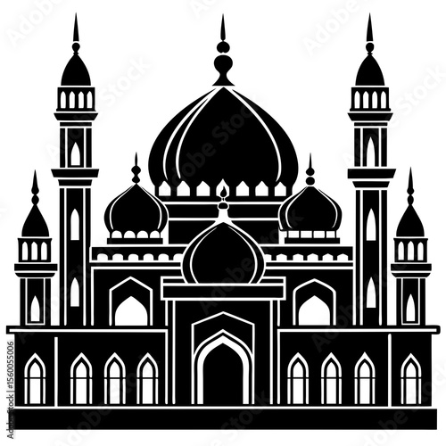 Ornate islamic mosque with multiple domes and tall minarets in a striking black silhouette