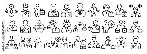 Healthcare Professionals Icon Set. Containing doctor, nurse, medical staff, patient care, health service, hospital and medicine icons. Solid icon collection.