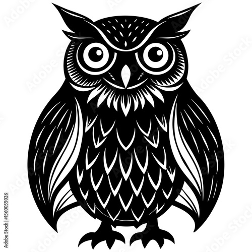 Stylized black owl illustration with intricate feather details and large round eyes silhouette