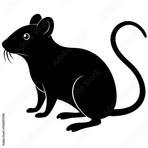 A simple black silhouette of a mouse with a long curved tail and whiskers on a white background