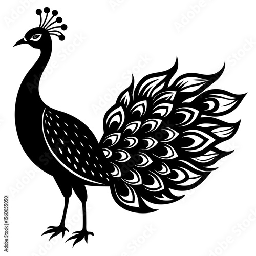 Elegant black peacock with ornate tail feathers and crown standing proudly silhouette