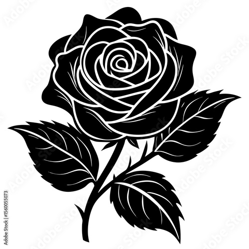 Elegant black and white rose silhouette with detailed petals and leaves