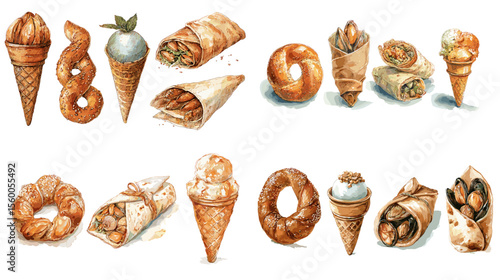 Watercolor collection of sweet and savory cone-shaped pastries including ice cream, pretzels, and filled breads, ideal for bakery, snack, and food themes.

