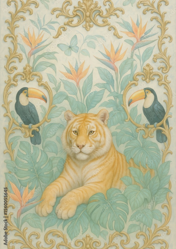 Fototapeta premium Elegant tiger with tropical birds