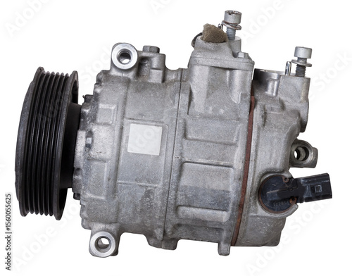 Car spare part air conditioning compressor - pump for supplying freon under pressure to the climate control system to cool the air in hot summer. Spare parts catalog from junkyard.