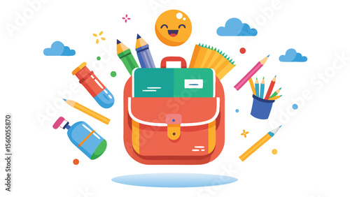 Illustration of a school bag surrounded by school supplies and a smiling sun with clouds above it