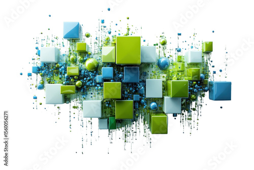 Abstract 3D cubes and spheres tech background in blue and green