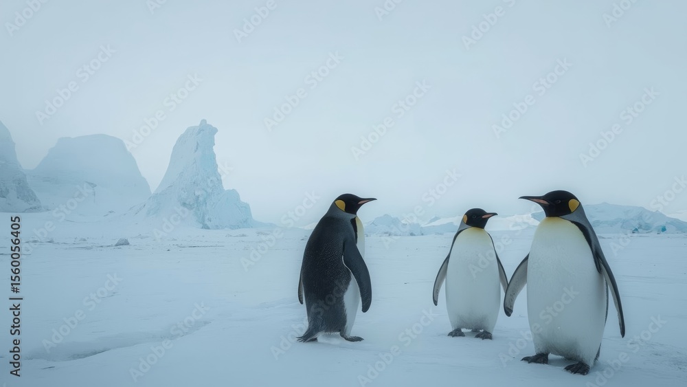 Obraz premium three emperor penguins standing together on a windswept Antarctic plain. The scene is immersed in soft celeste-blue tones, creating a serene and icy atmosphere. Towering icebergs loom in the distance