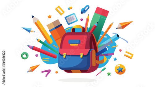 A colorful backpack surrounded by various school supplies on a white background vector image scene
